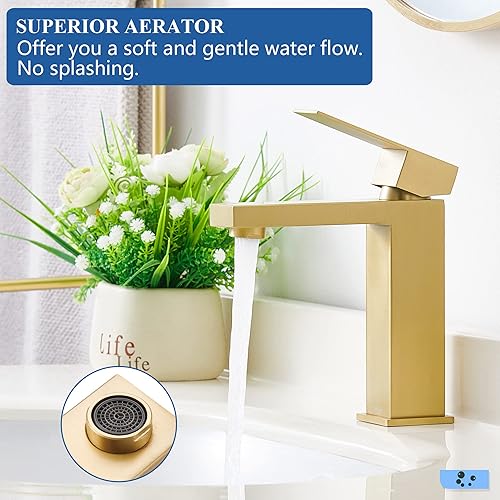 Miniatura 2 de Tohlar Grifo de baño dorado, grifo dorado cepillado para fregadero de baño, grifo de baño dorado de un solo agujero, moderno grifo de lavabo de