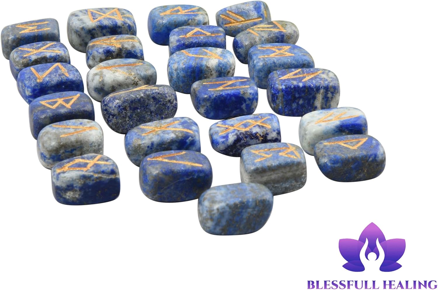 Blessfull Healing Lapis Lazuli Tumbled Gemstone with Carved Rune Words Telling, Crystal Healing Reiki Runes Stones Set (25 Pieces)