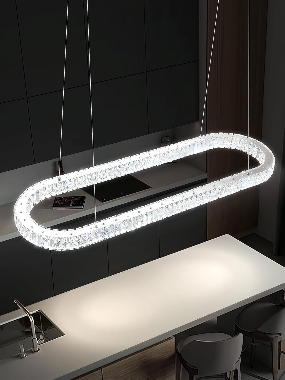 Flashing God Modern Crystal Chandelier,Rectangular Silver Chandelier,Oval Pendant Lighting Rectangle Crystal Ceiling Light for Dining Living Room Kitchen Island