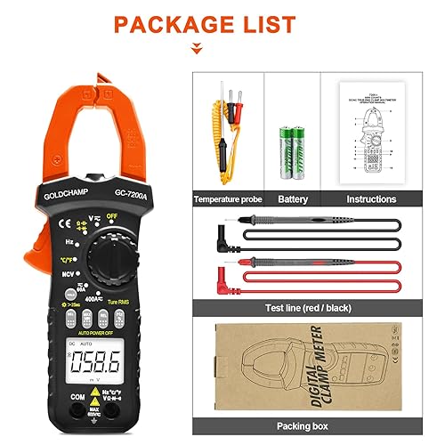 Miniatura 7 de Multímetro de pinza digital de 4000 cuentas Probador de voltaje de amplificador con aplicación, capacitancia, voltaje, resistencia, corriente CA RMS