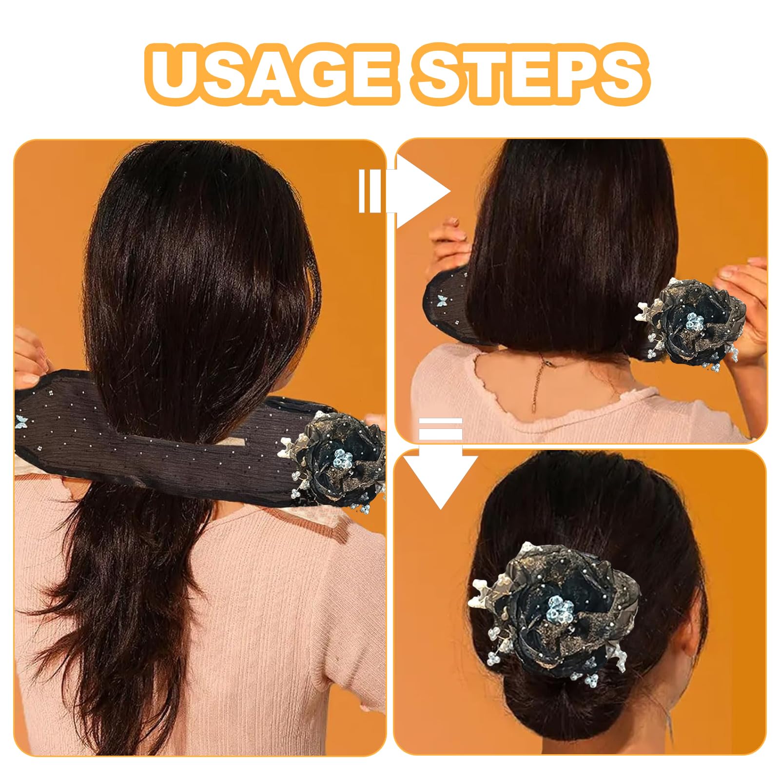 Chignon Facile per Capelli, 2024 Nuovo Accessori per Capelli, Fiori Accessori Capelli, Ciambella per Chignon, Bigodino Pigro Creatore di Chignon per Donne e Ragazze (Nero)