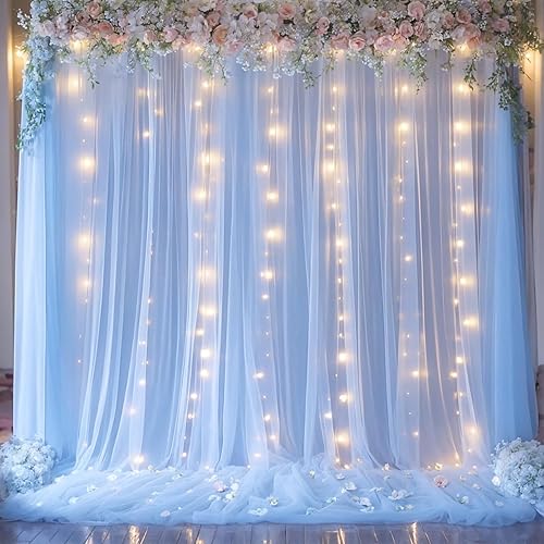 Cortinas de fondo azul bebé con tira de luces para fiestas de baby shower, 2 paneles de 5 x 10 pies, paneles de cortina de tul transparente para