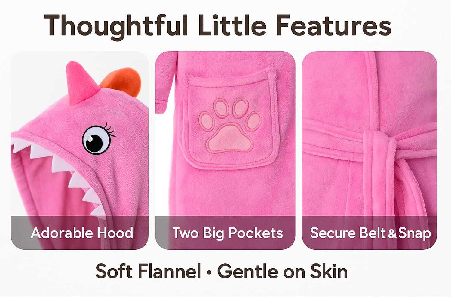 ACTLATI Toddler Dinosaur Lamb Hooded Bathrobe – Soft Flannel Robe with Tail, Belt & Pockets, Cozy Robe for Kids Ages 3-7