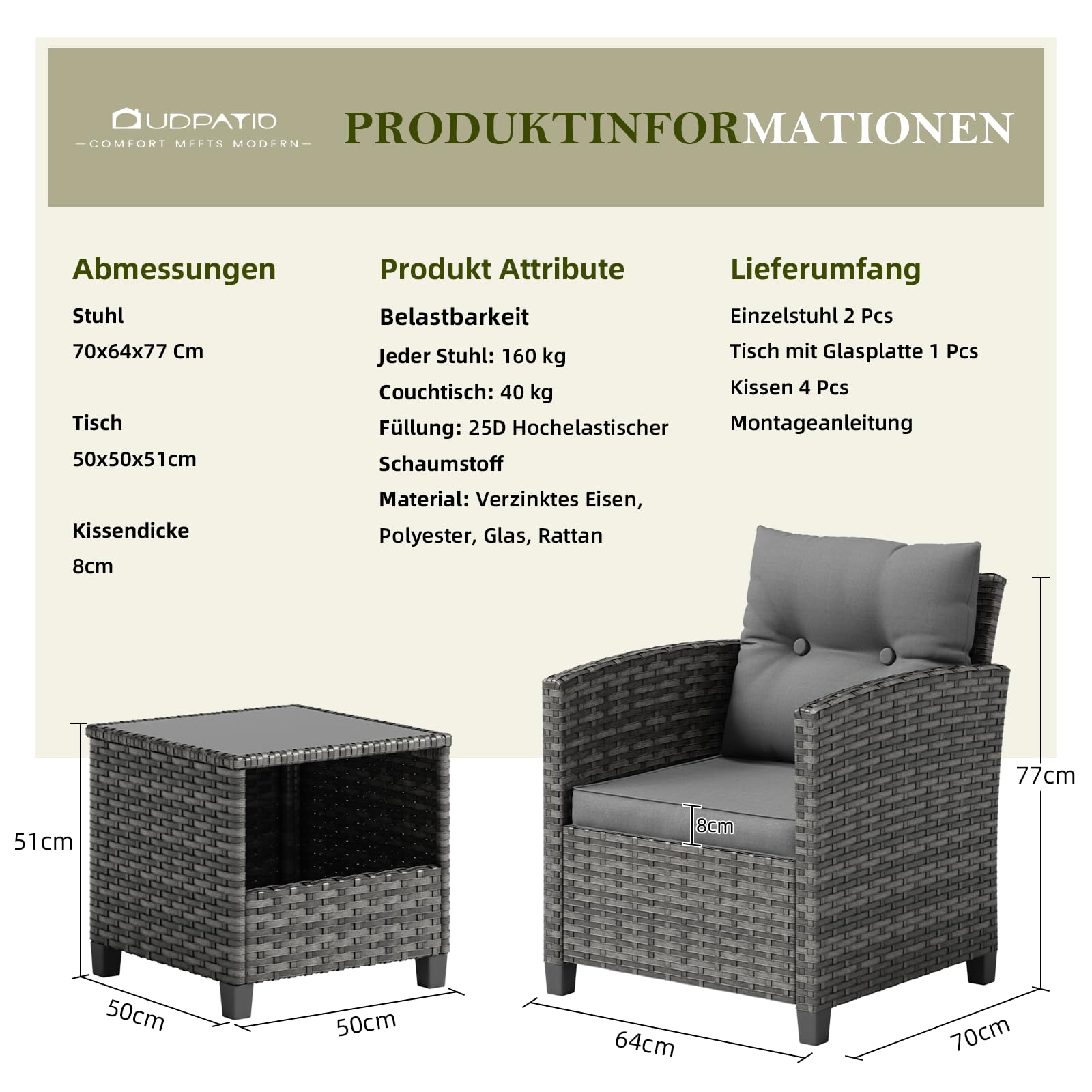 UDPATIO 3-Teiliges Rattan Gartenmöbel Set für 2 Personen, Balkonmöbel Set mit 2 Sesseln & Kaffeetisch, Outdoor Lounge Gartenmöbel Set für Garten, Poolbereich,Balkon & Terrasse (Grau-meliert)