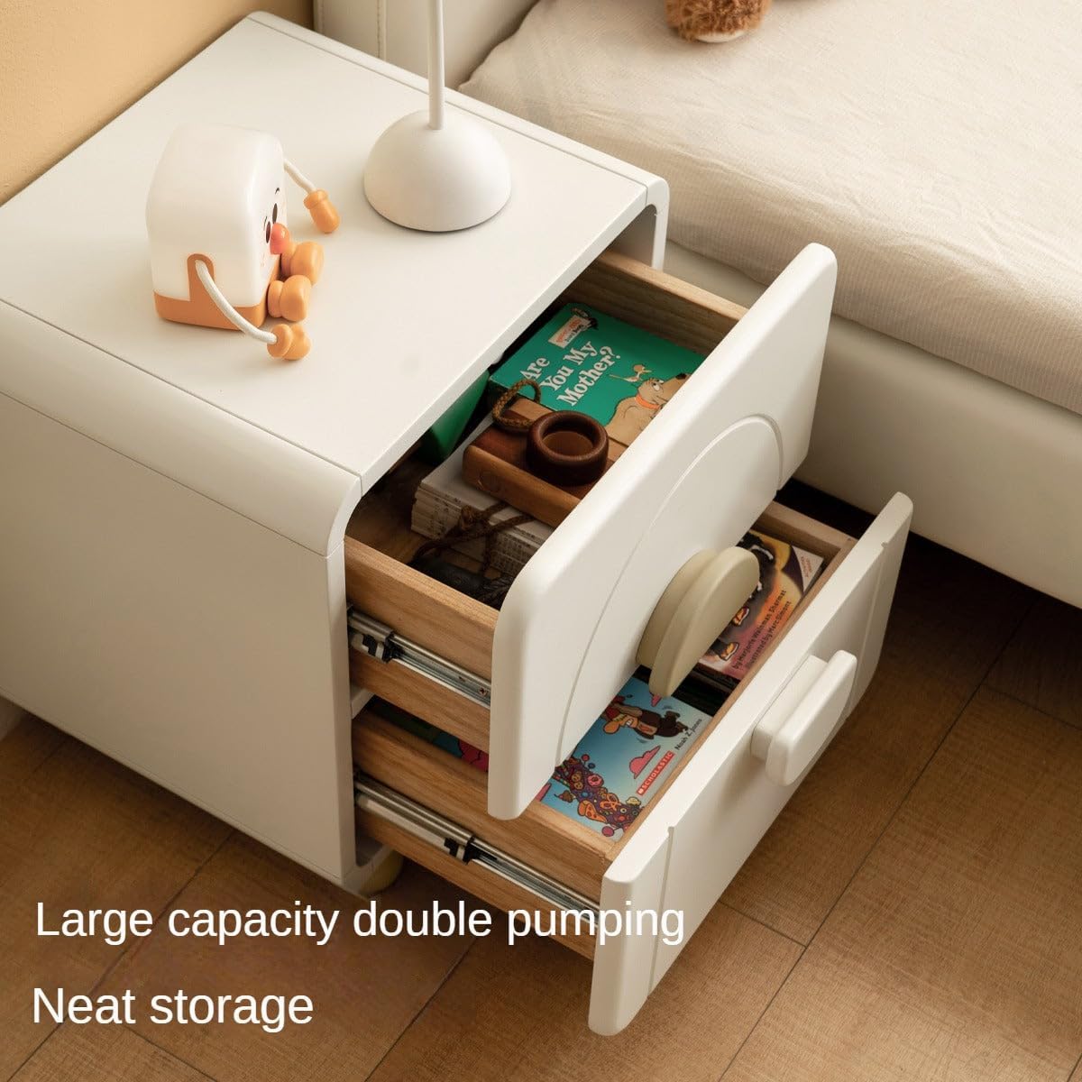 GVAwood Rubber Wood Solid Wood Kids Nightstand. 15.7x13.7x17.7 inch / 40x35x45cm / Warm White Color/Children's Bedside Table Pink Handle Legs