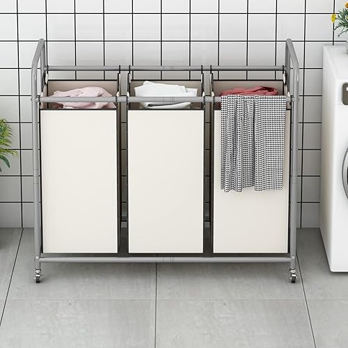 Miniatura 2 de LINZINAR Clasificador de ropa sucia de 3 bolsas, carrito de lavandería con ruedas enrollables resistentes y bolsas extraíbles (beige)