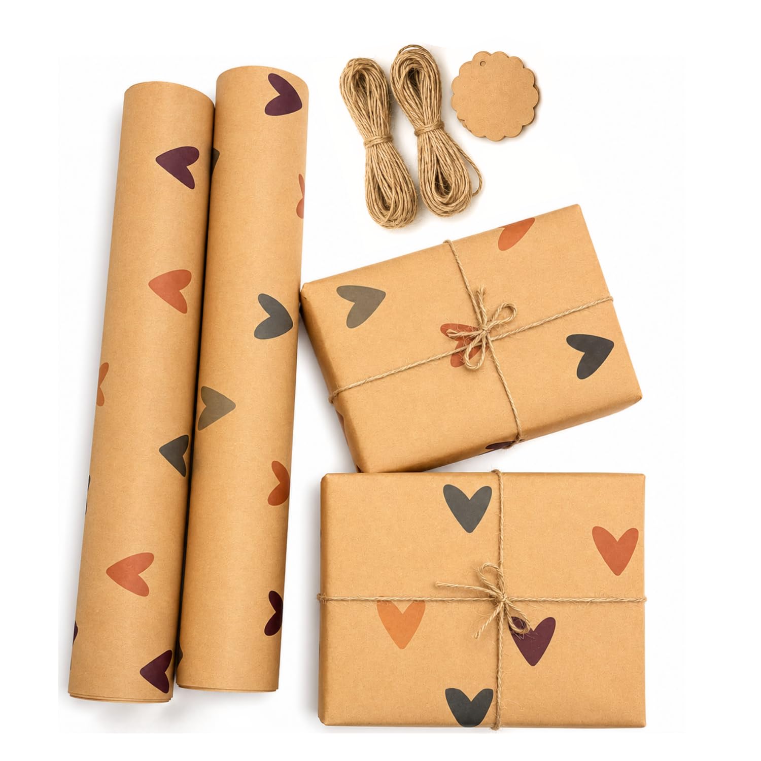 TOWNBUS Kraft Paper Gift Wrapping Pack of 10 (45cm x 60cm, 100 GSM) with Colorful Heart Print | Includes 10 Tags & Jute Ropes | Ideal for Gift Packing, Bouquet Wrapping & DIY Crafts (colour heart)-image-29