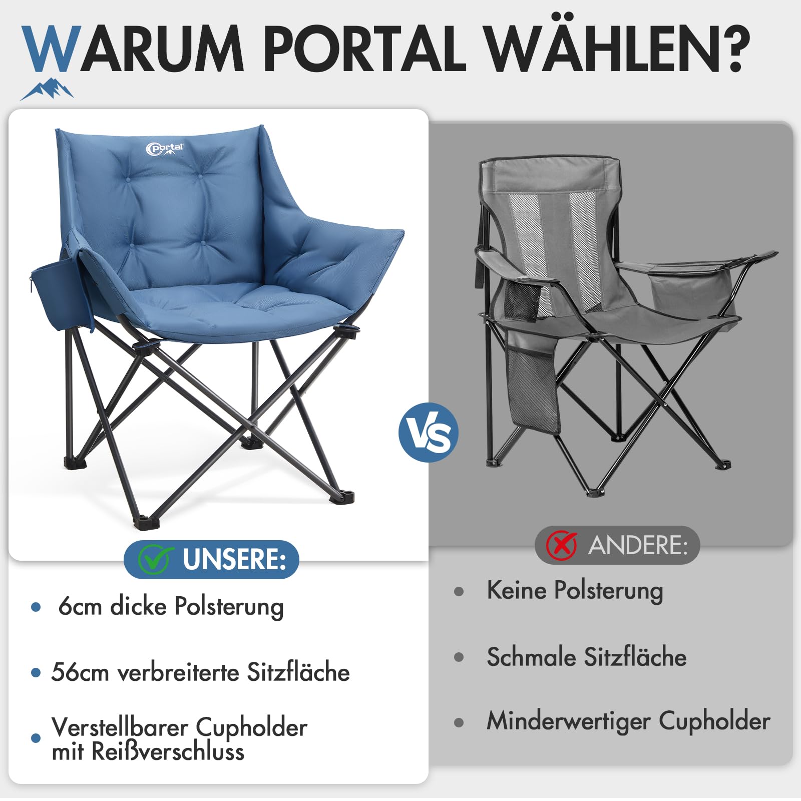 Portal Campingstuhl Faltbar Klappstuhl Camping Klappbar Super Weich 150kg Belastbar Faltbarer Angelstuhl XXL Dick Gepolstert mit Armlehnen Outdoorstuhl Schwarz