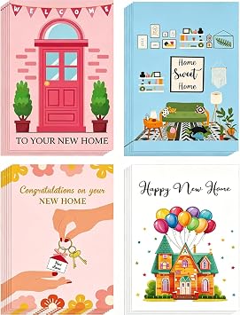 NEWEST Housewarming Greeting Cards Set 24 Cards, 4 Unique Designs with Envelopes & Stickers, Blank Inside for Personalized Messages, New Home Gift for Friends & Family