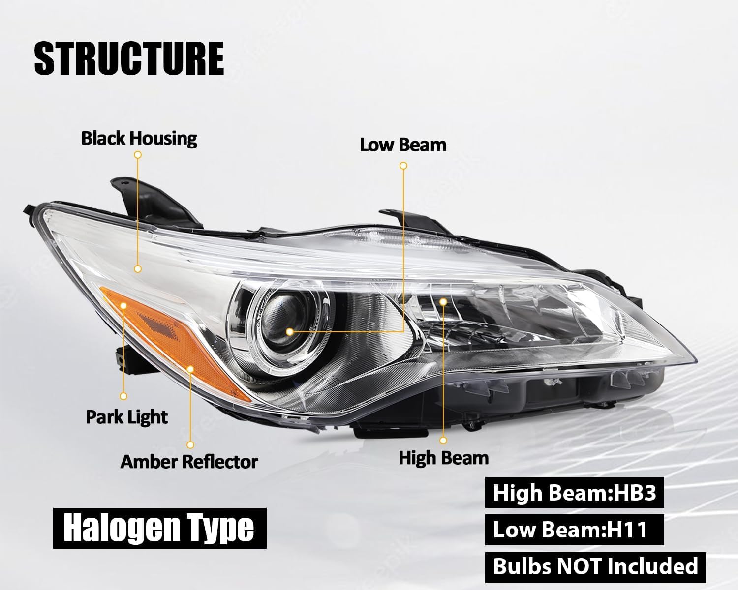 Halogen Headlights Compatible with 2015 2016 2017 Toyota Camry LE SE XLE XSE Chrome Housing Clear Lens Headlamp Replacement Left & Right Side Pair