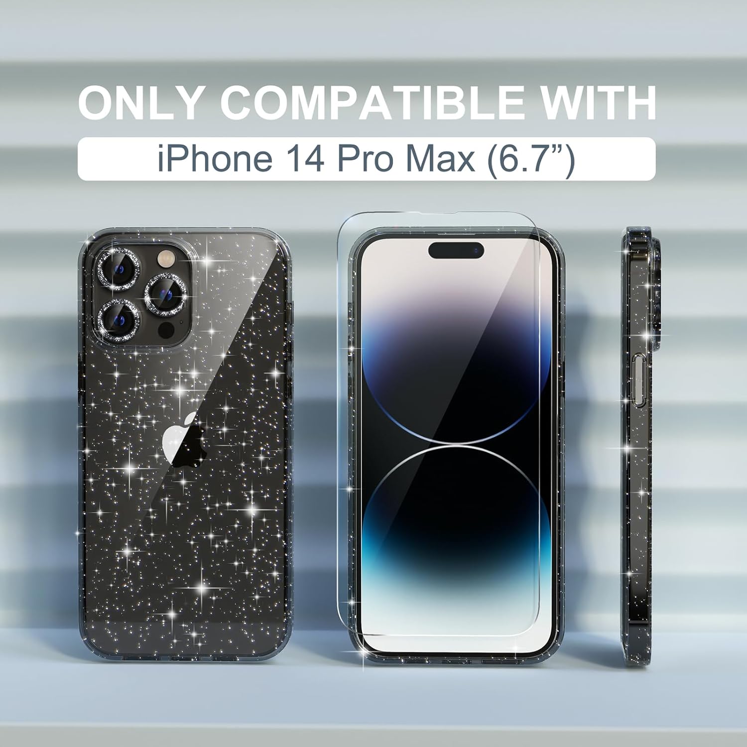 choiche compatible for iphone 14 pro max case women phone case, cute bling sparkly, military grade protection, 3 diamond camera lens covers, 2 tempered glass protectors, 6.7 inch (glitter black) glitter black for iphone 14 pro max