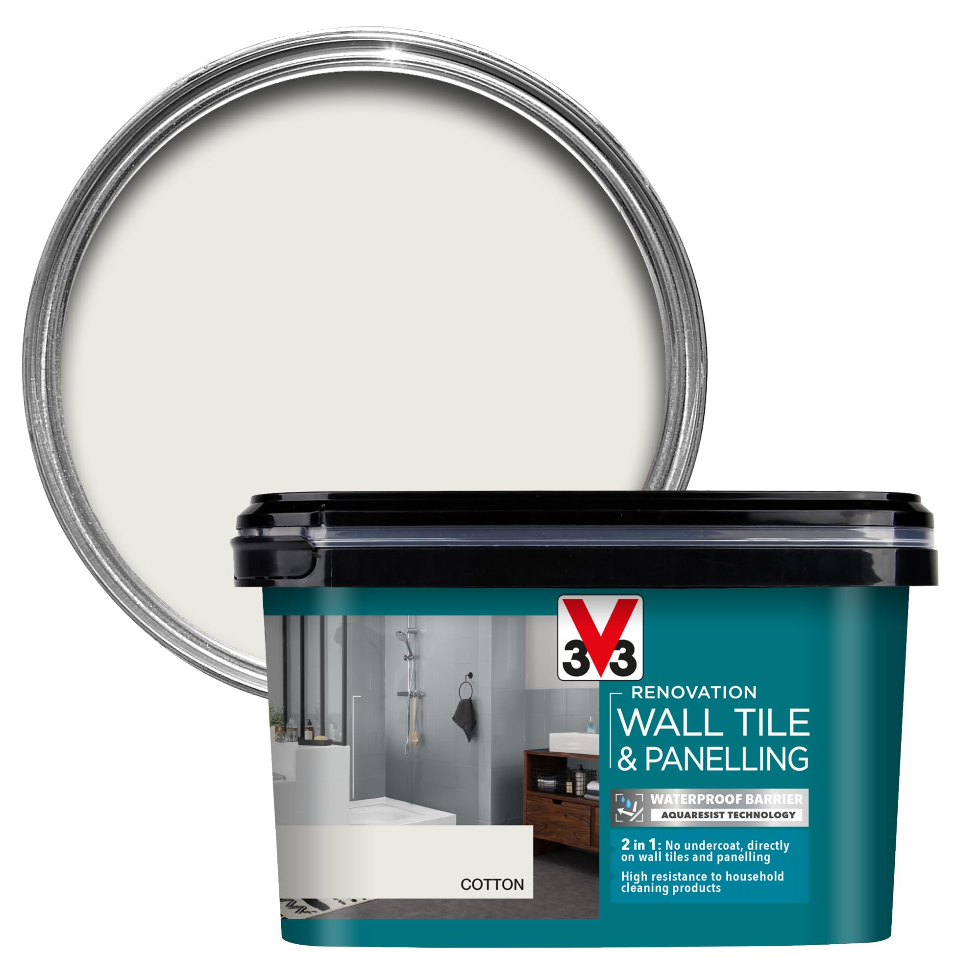V33 Renovation Wall Tile & Panelling Paint - No Undercoat Needed - for High Moisture Surfaces - Resistant to Temperature Variations - Cotton Satin 2L