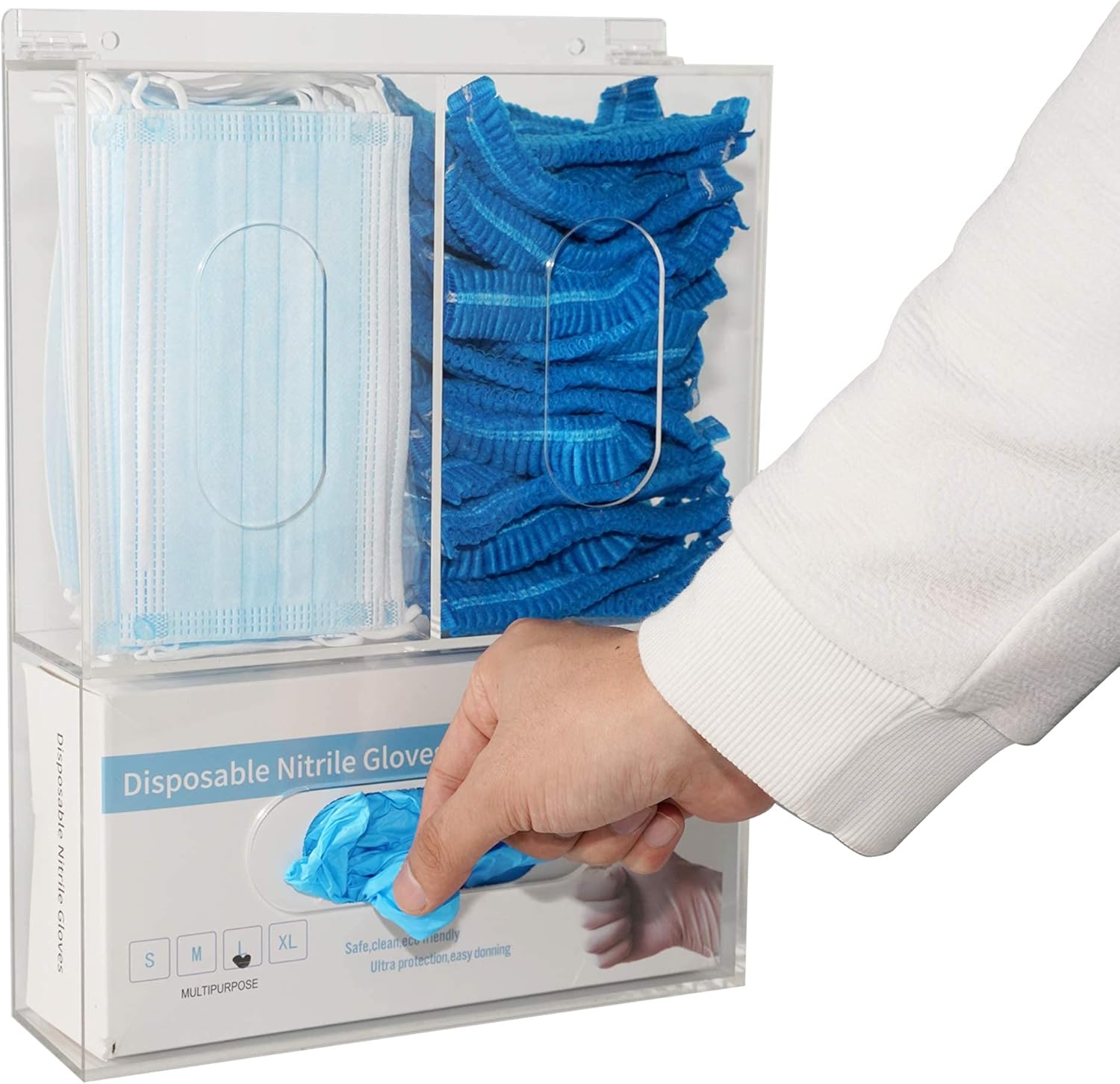 SEANADO Acrylic Disposable Glove Box Face Mask Dispenser Holder Triple Glove Rack Hairnet Tissue Napkin Dispenser with Lid for Wall Mount Organizer for Food Service, Lab, Medical Office, Clear