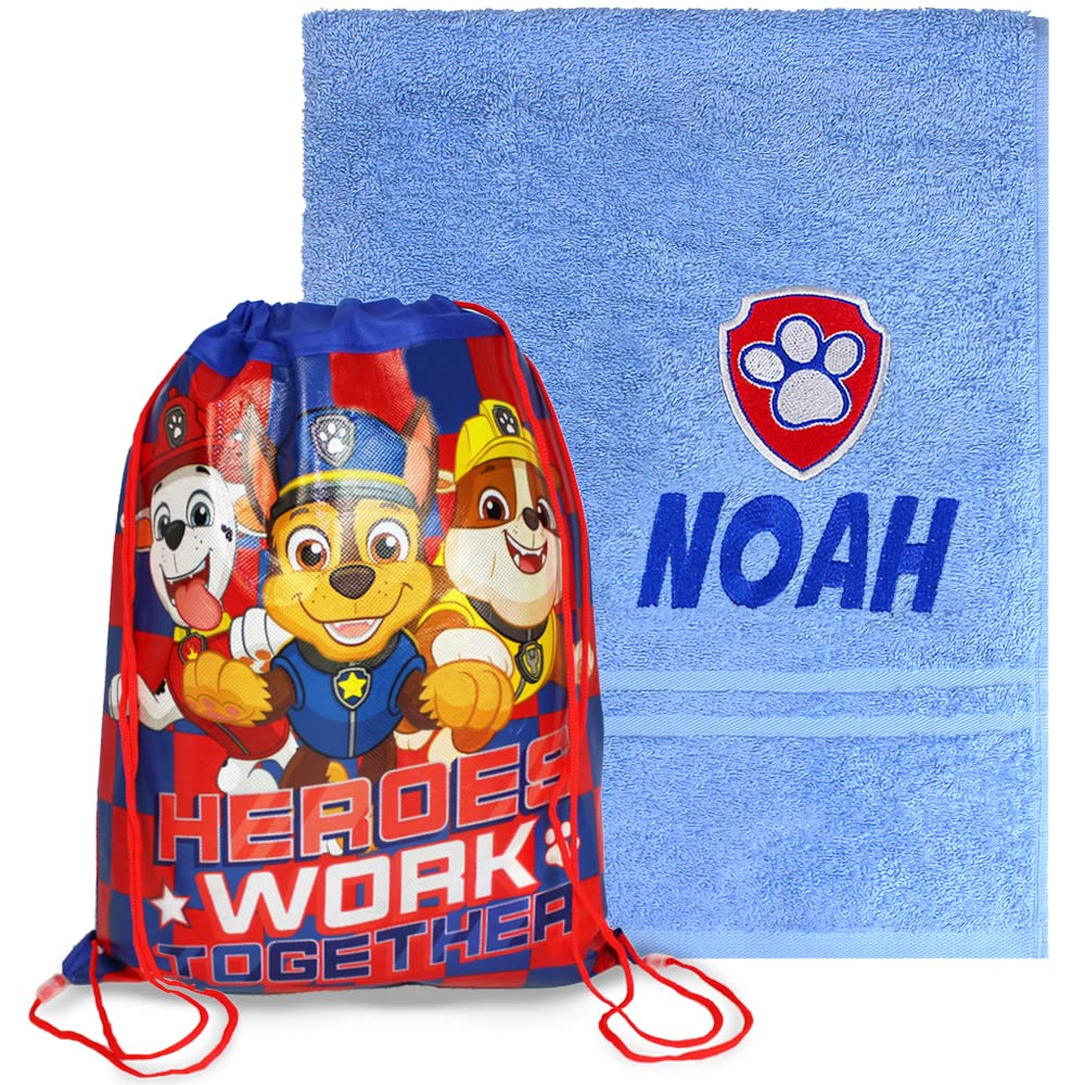 Teddyt's Sky Blue & Paw Shield Personalised Paw Patrol Shield Swimming Towel & School Sports Bag (Sky Blue & Paw Shield)