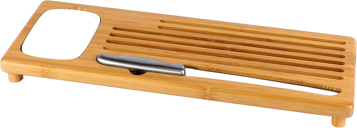 ❤ Crazy Deals BAMBOO LAND NEW Sweep Off BAMBOO Baguette Board, bread/loaf cake cutting board with bread crumb catcher, ceramic Dipping Dish/Olive Oil Dis & large BREAD KNIFE, home gift HOUSEWARMING