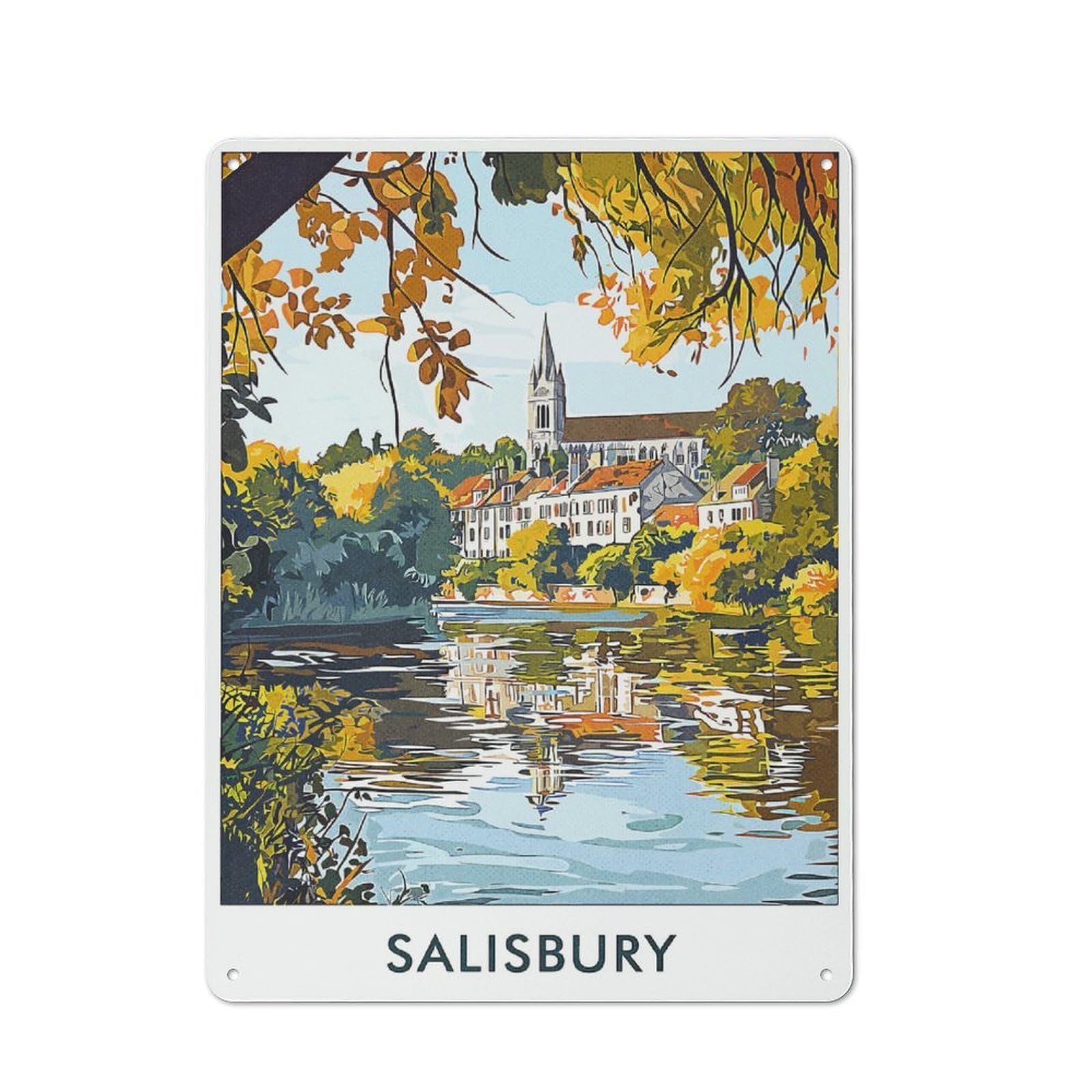 Junmoney Style-9 Classic Salisbury River Scene Metal Wall Plaque 40X30cm, Nostalgic Wall Art For Living Room, Hallway, Kitchen Or Cafe