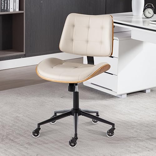 Miniatura 9 de BERYTH Silla de oficina en casa, sin brazos con ruedas, silla de escritorio pequeña de altura ajustable, silla de computadora giratoria de piel