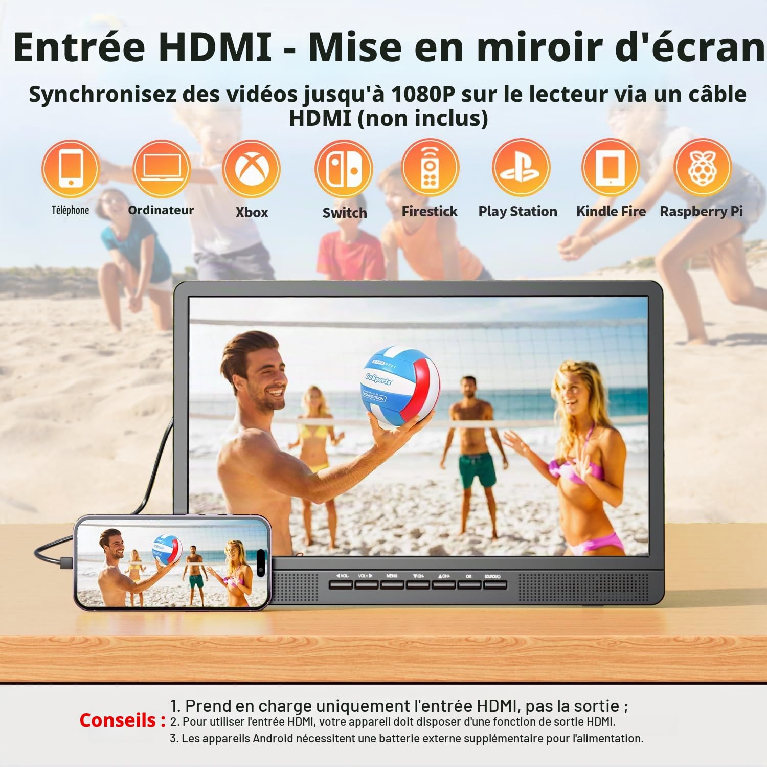 Desobry TV Portable 18 Pouces avec antenne, Mini TV avec Tuner DVB/T2 | Mini téléviseur LCD 12V, HD 1080P, pour Le Camping en Plein air, la Chambre, la Cuisine, supporte Les entrées USB/HDMI/AV