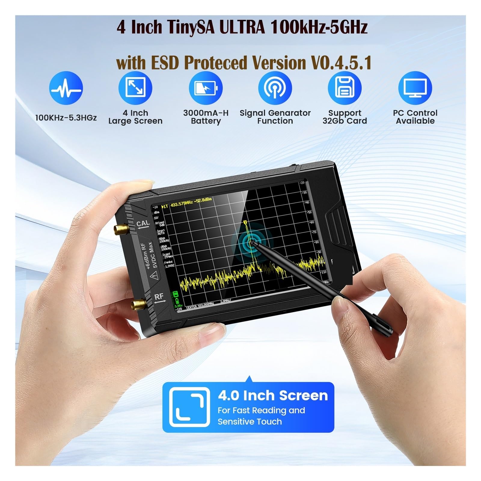 Analizador de Espectro con Pantalla de 2.8" Pantalla ULTRA de 4" 100kHz a 5.3GHz con Tarjeta de 32GB Versión V0.4.5.1