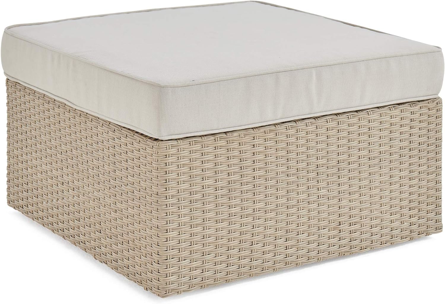 Outdoor-Indoor Footrest Stool Seat Ottoman for Patio, Rattan Beige Wicker Ottoman Cushioned Seating (Beige Cushion)-image-29