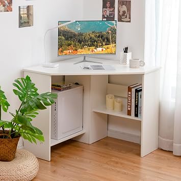 Tangkula Compact Corner Desk, Space Saving Study Table, White