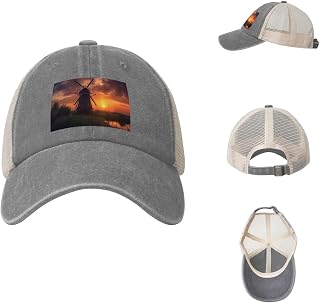 Mesh Baseball Cap for Men & Women,Vintage Washed Cotton Trucker Hat Sunset Windmill Adjustable Dad Golf Hat
