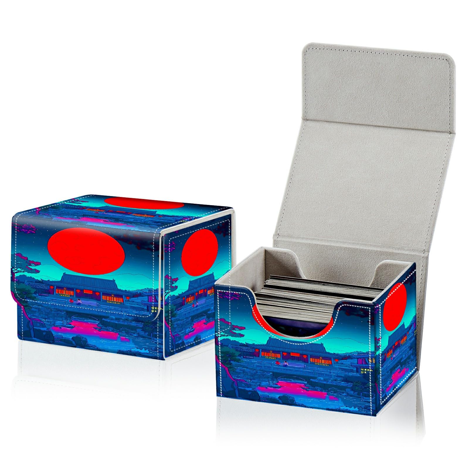 RWUTYTIUL Card Deck Box for MTG, Cards Storage Box Fits 120+ Sleeved, Leather Small Size Strong Magnetic Closing Card Case for Board Games Magic TCG CCG Baseball Collection, Red Sun Tree