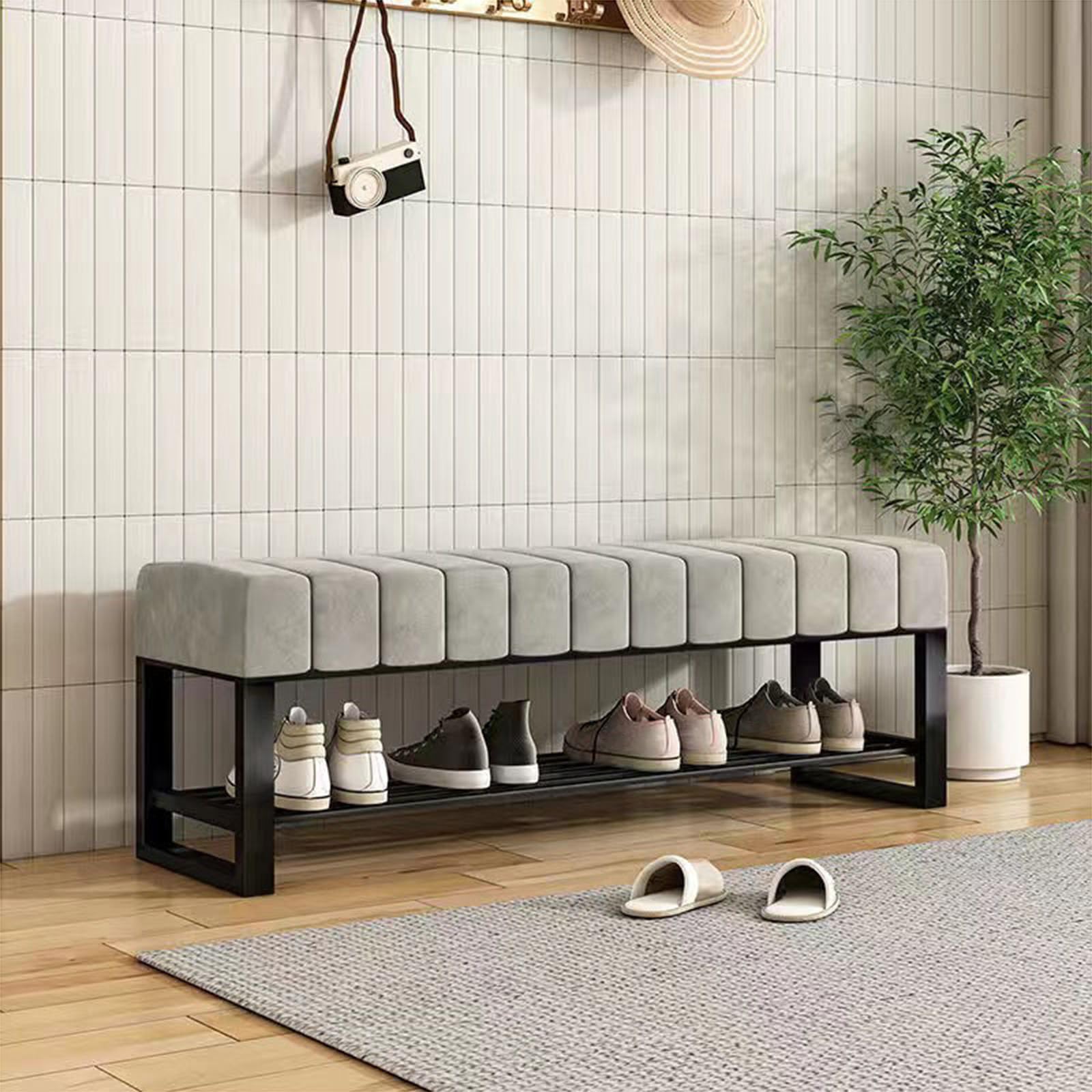 Étagère à chaussures avec banc rembourré moderne L80xW30xH45cm