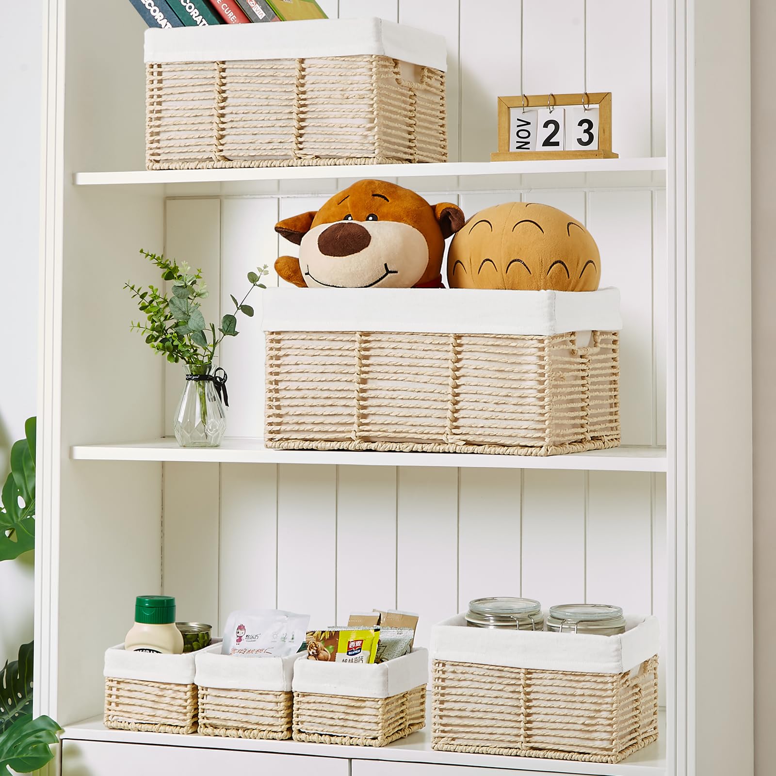 Vagusicc Aufbewahrungskorb mit Tragegriffen, 6 Stück Handgewebte Korb Aufbewahrung Deko Boho Körbchen, Geschenkkorb leer aus Recyclebarem Papierseil für Schlafzimmer, Badezimmer, Wohnzimmer, Beige