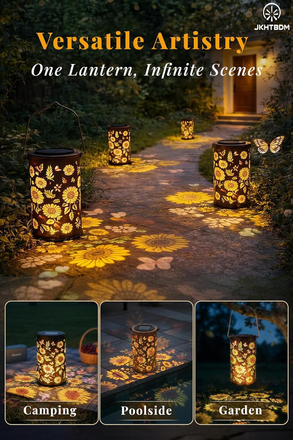 Colorful Solar Lanterns Outdoor Waterproof, Hanging Metal Solar Lights with Floral Shadow Projection, Decorative Solar Garden Lantern for Yard, Patio, Porch, Birthday Gifts for Women Mom Grandma