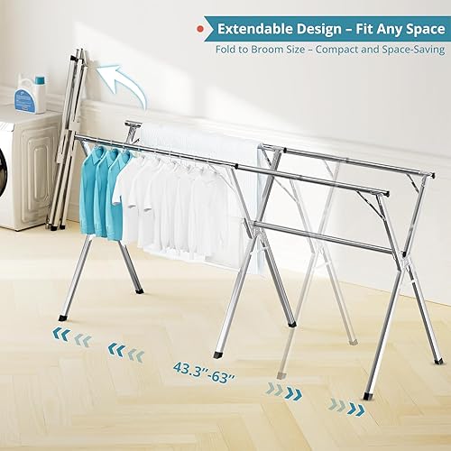 Miniatura 2 de JAUREE Estante de secado de ropa de 63 pulgadas, estante de secado plegable para interiores y exteriores, estante de lavandería de acero inoxidable