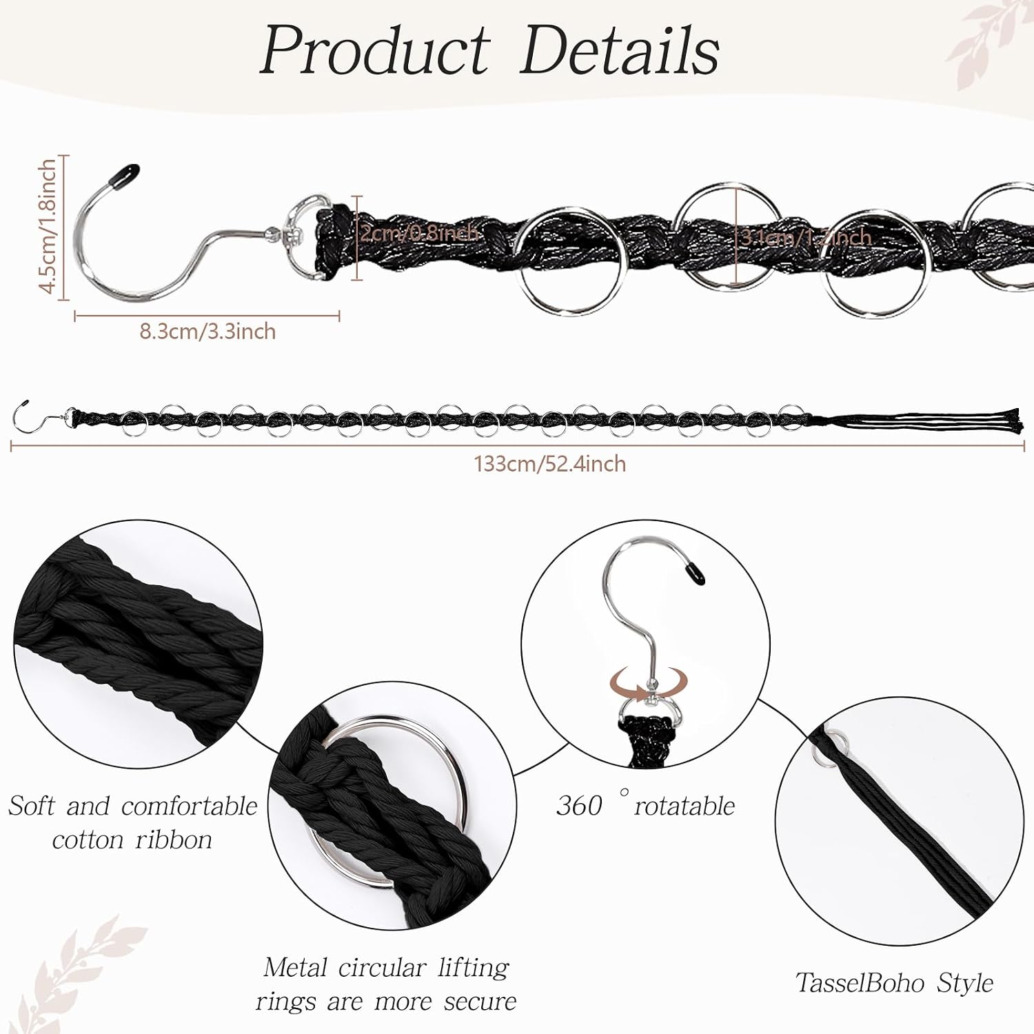 SNOWSTAR Macrame Hair Claw Clip Organizer with Rotating Hook and 20 Metal Rings,Hanging Hair Clip Holder and Storage for Women Girls,Claw Clips Hanger Home Decor for Wall,Door,Closet (Black1PCS)