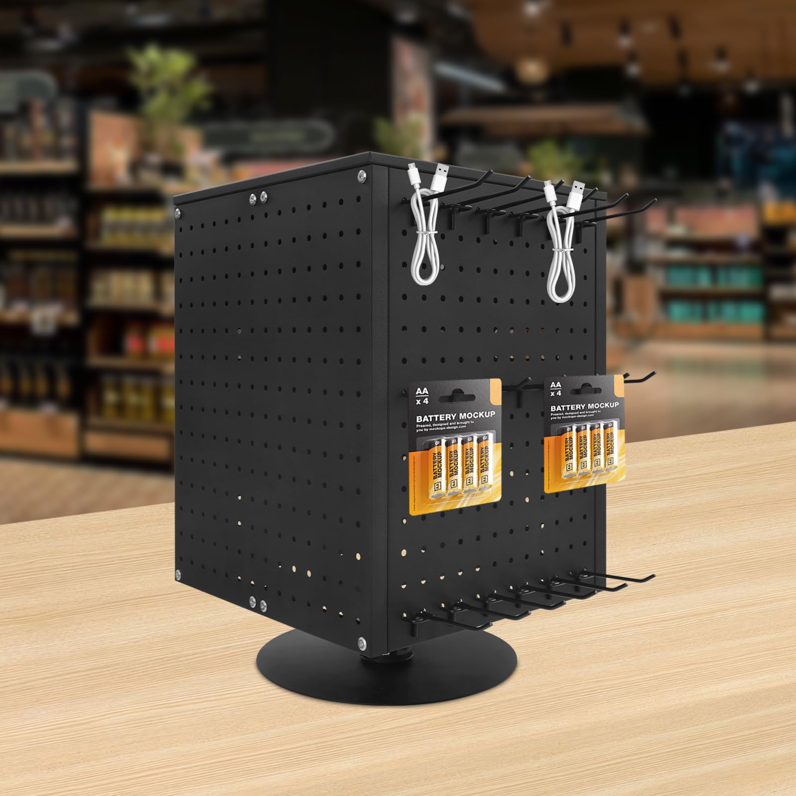 banborba Pegboard Rotating Display Stand with 20 Hooks, 4 Sided Metal Spinning Peg Board Displays, Jewelry Earring Stands, Craft Keychain Rack, Necklace Holder for Retail Table Counter (Black)