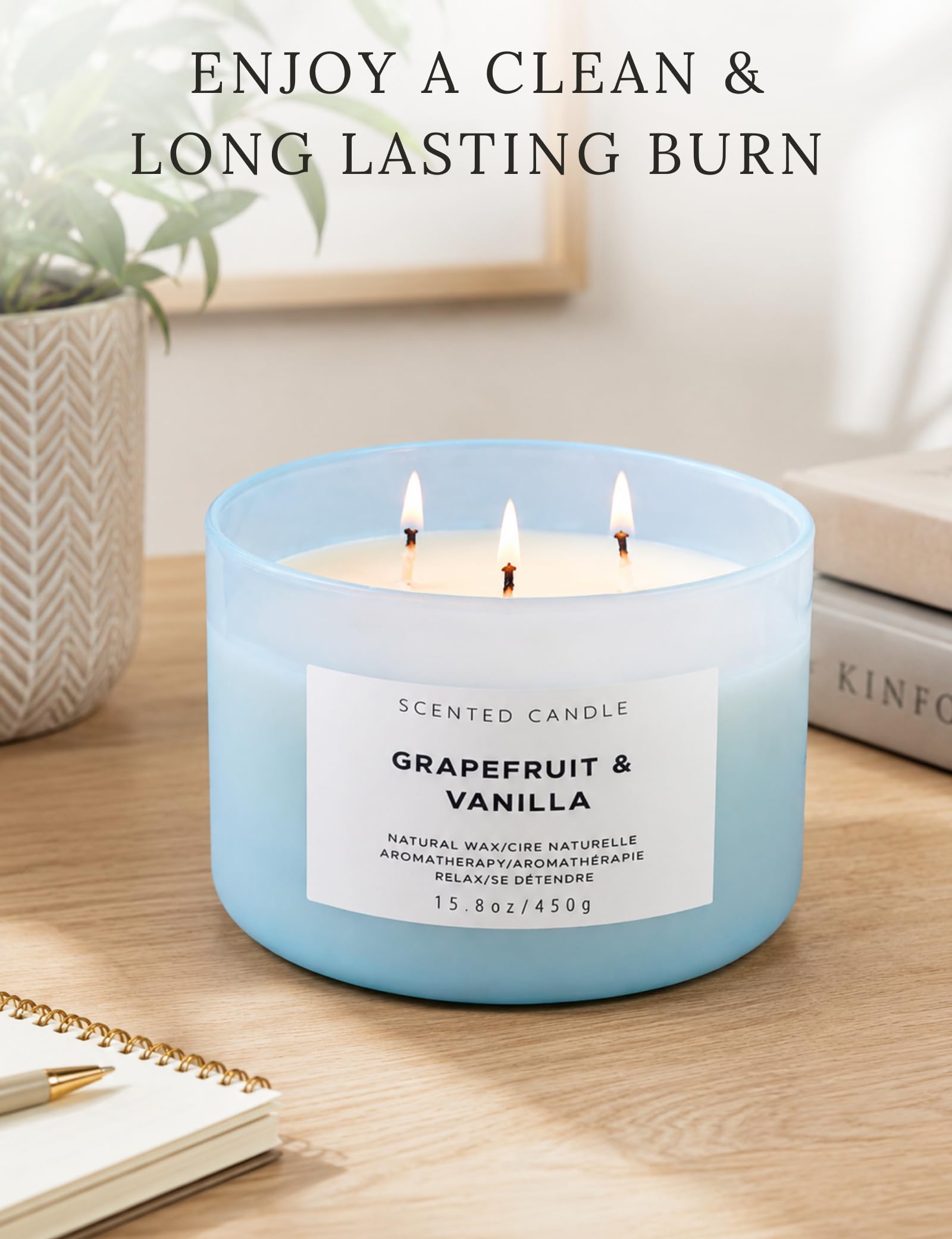 Grapefruit Vanille 3 Dochte Duftkerzen Winterdüfte – Natürliche Soja-Kerzen für Zuhause – Beruhigende Aromatherapie-Kerze Geschenk für Frauen und Männer – 450 ml große entspannende Kerze, stark