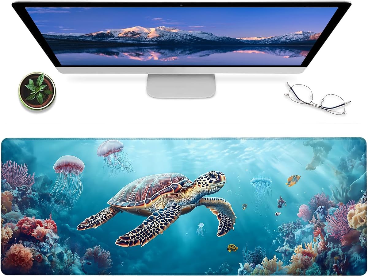 Sea Turtle Gaming Mouse Pad – 12x31.5in Large Extended Desk Mat with Underwater Marine Life Design – Non-Slip Rubber Mousepad for Office Home – Deskmat Gifts for Ocean Lovers Decor