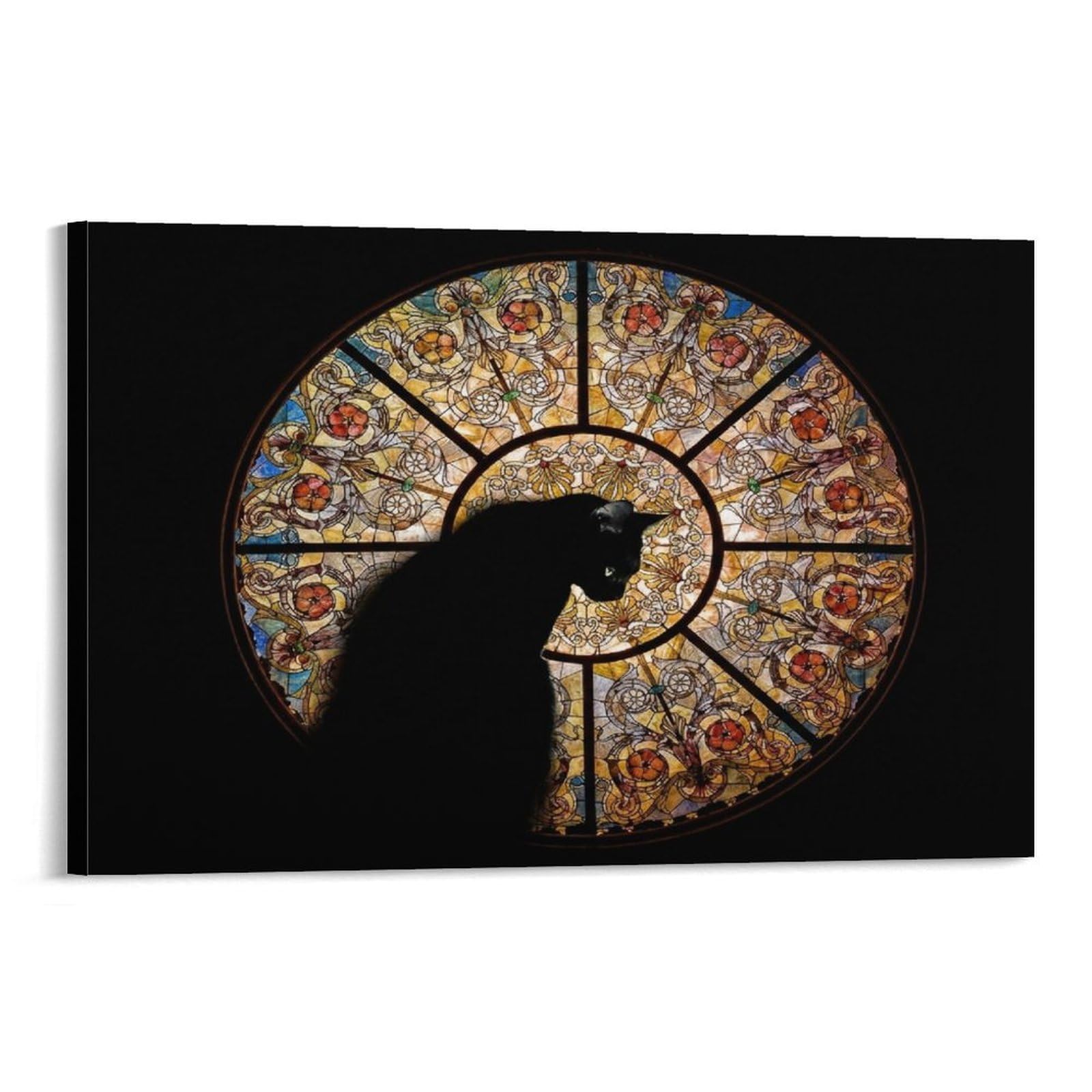 CPLVKWRQJ Stained Glass Cat Silhouette Single Piece Black Cat Silhouette before Stained Glass Framed Wall Art - Office Canvas Print Fade Resistant Wall Focal Art Decor 08x12inch(20x30cm)