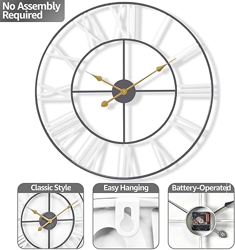 Miniatura 4 de Sorbus Reloj de pared grande para decoración de sala de estar, 16 pulgadas, reloj de pared decorativo, de metal, analógico, número romano, reloj de