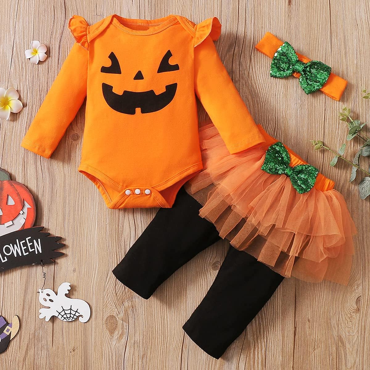 Baby Girl Halloween Outfit Pumpkin Bodysuit whit Headband - Image 3