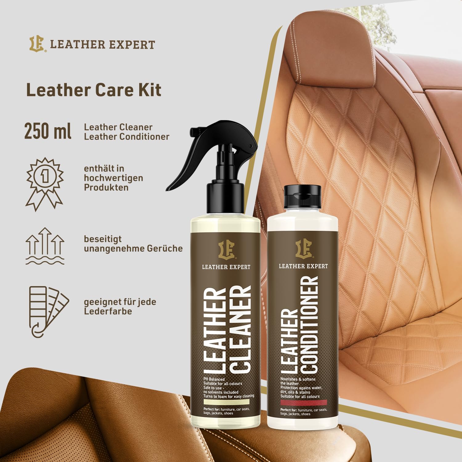 Leather Expert Lederpflege Set Kit per la Cura della Pelle dell'auto - 250 ml + 250 ml - Set Lederreiniger Auto - Leder Reinigung Auto - Kun