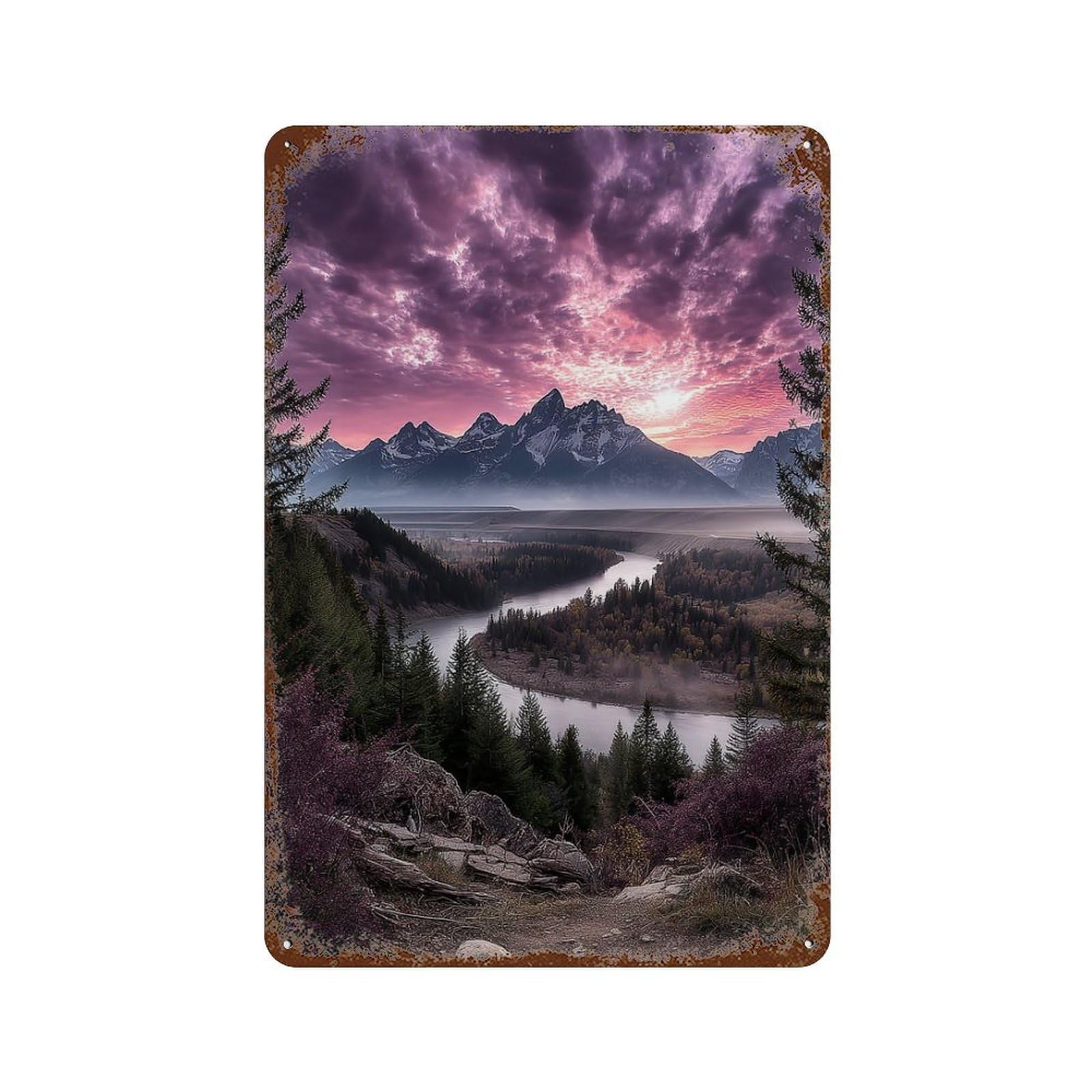 Garage Style Mountain River Sunset Landscape Distressed Metal Wall Sign 11.8"x7.9", Novelty Wall Decor for Bar And Workshop
