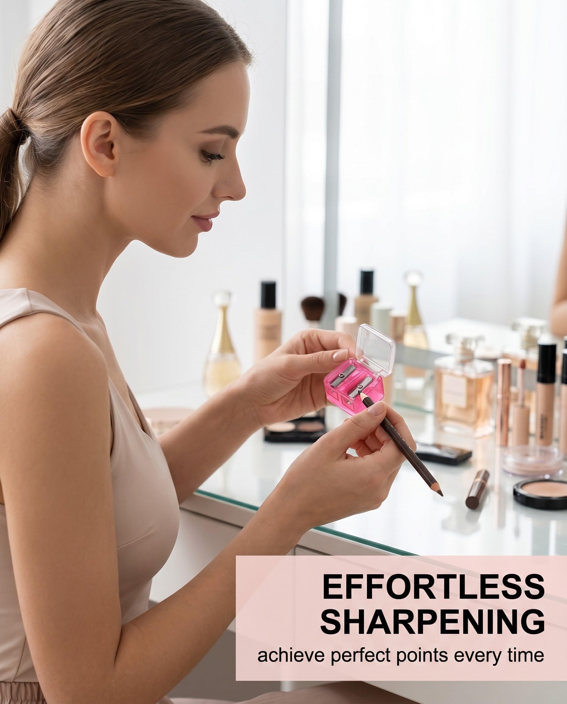 Temperamatite Trucco Universale 2 Pezzi Rosa, con Lame di Precisione per Matite Sopracciglia, Labbra, Eyeliner. Affilatura Perfetta, Ideale Viaggi.