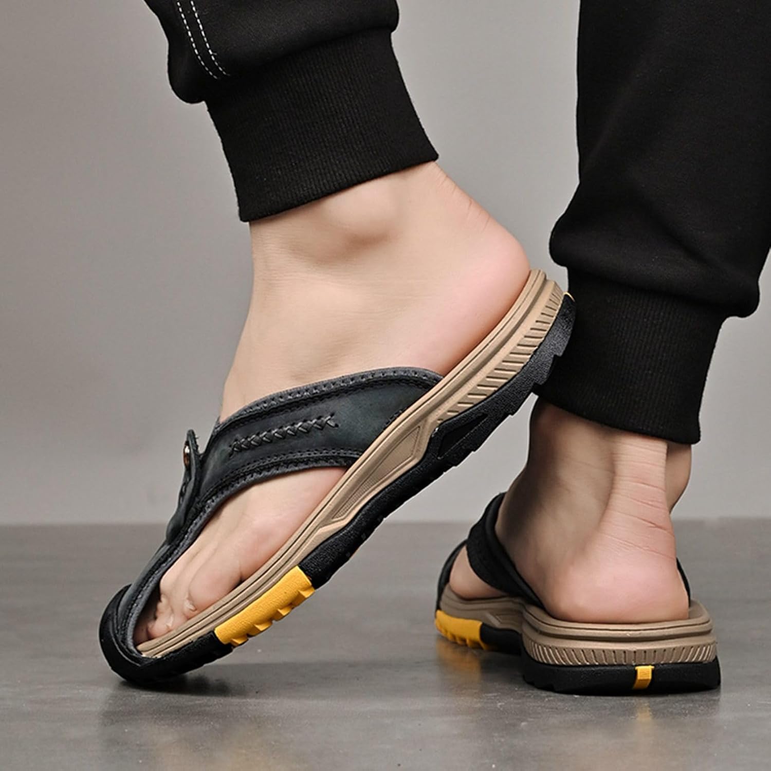 [GUREITOJP] メンズ ビーチサンダル 鼻緒 ビーサン 本革 レザー トングサンダル つま先あり アウトドア オフィススリッ