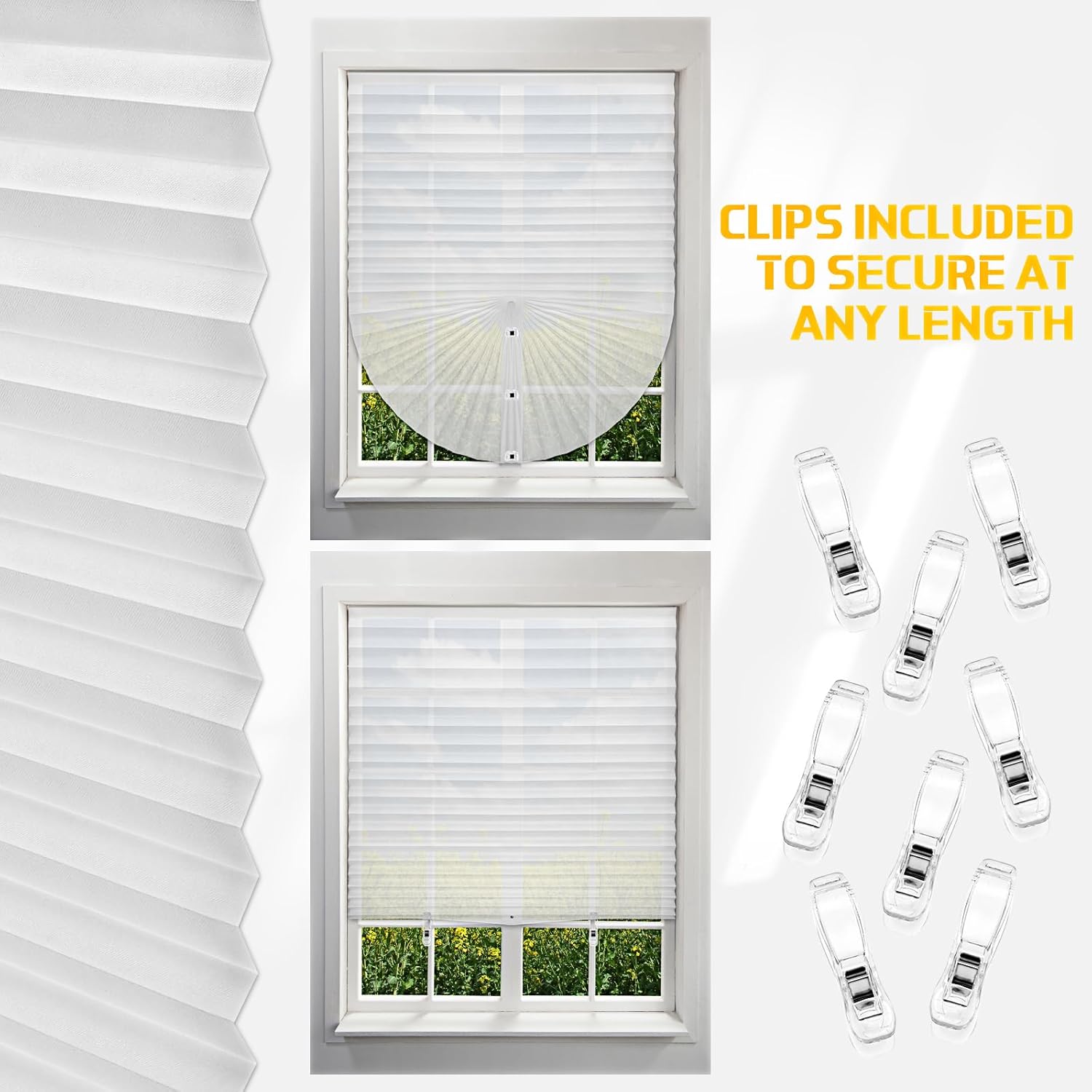 Kigley 12pcs White Filtering Temporary Blinds for Windows, Cordless Light Filtering Fabric Shade Self Adhesive Window Shade, Easy to Cut and Install, with Clips (24x71inch)