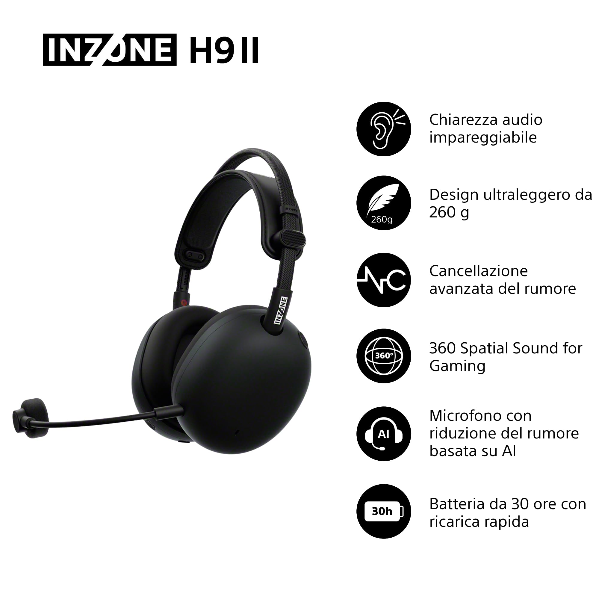 Sony INZONE H9 II Cuffie da gaming wireless con cancellazione del rumore – Audio spaziale a 360°, Microfono con riduzione del rumore, Batteria da 30 ore, Design leggero, Bluetooth Cablato, PC – Black
