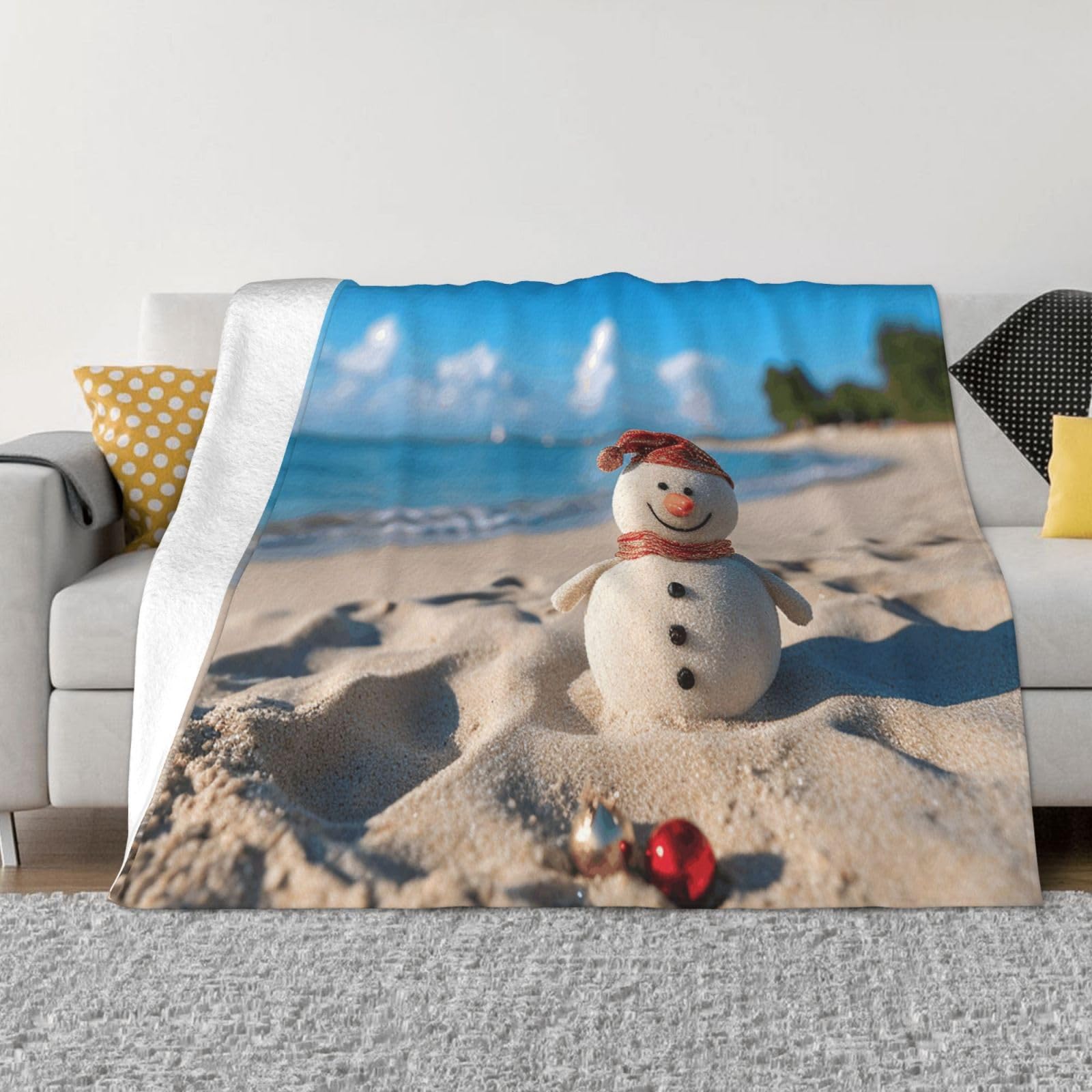 KLOPH Sand Snowman on Beach Throw Blanket 40"x30" Flannel Fluffy Warm Blanket for Couch, Reversible Plush Blankets for Bed, Comfy Fuzzy Blanket for Sofa, Plush Lightweight-Blankets for All Season