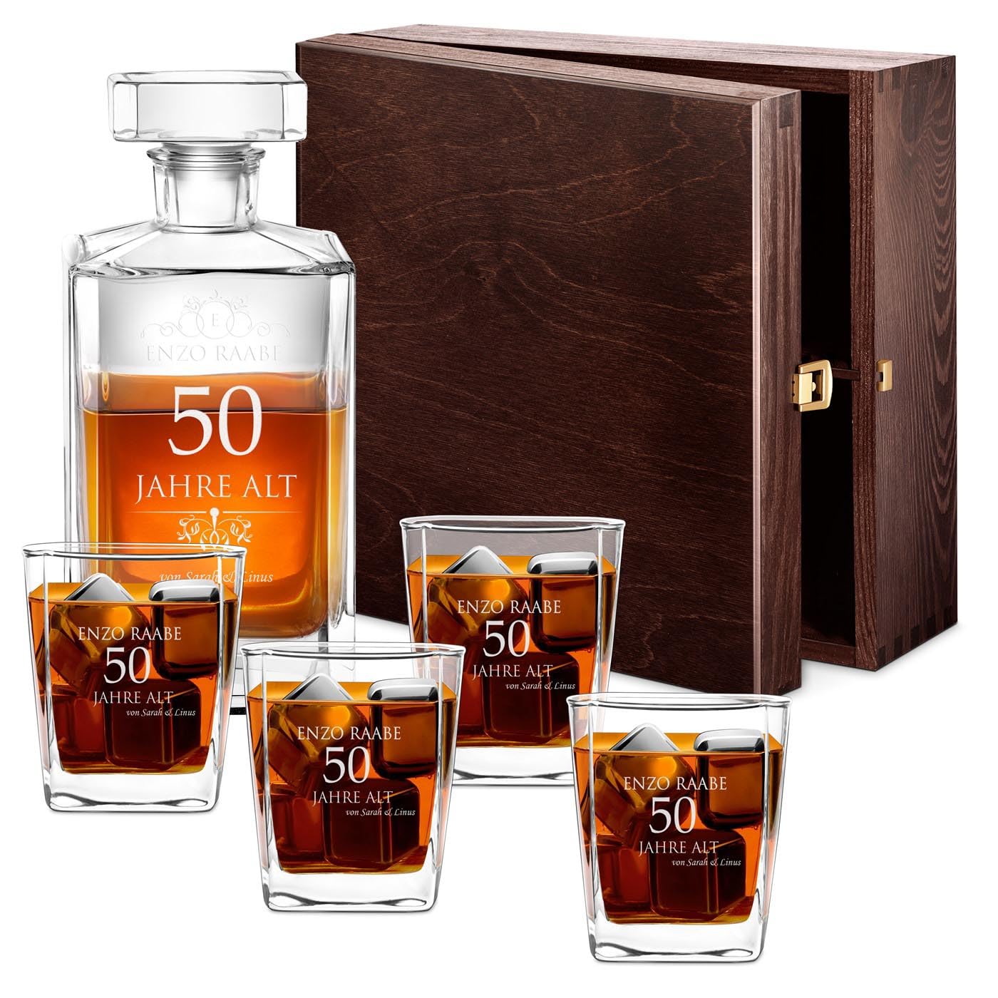 Maverton Whiskey Karaffe + 4 / 6er Whiskygläser Set mit Gravur - 700ml Whisky Dekanter - Geschenk zum Geburtstag für Damen - Weihnachtsgeschenke - Jahre alt
