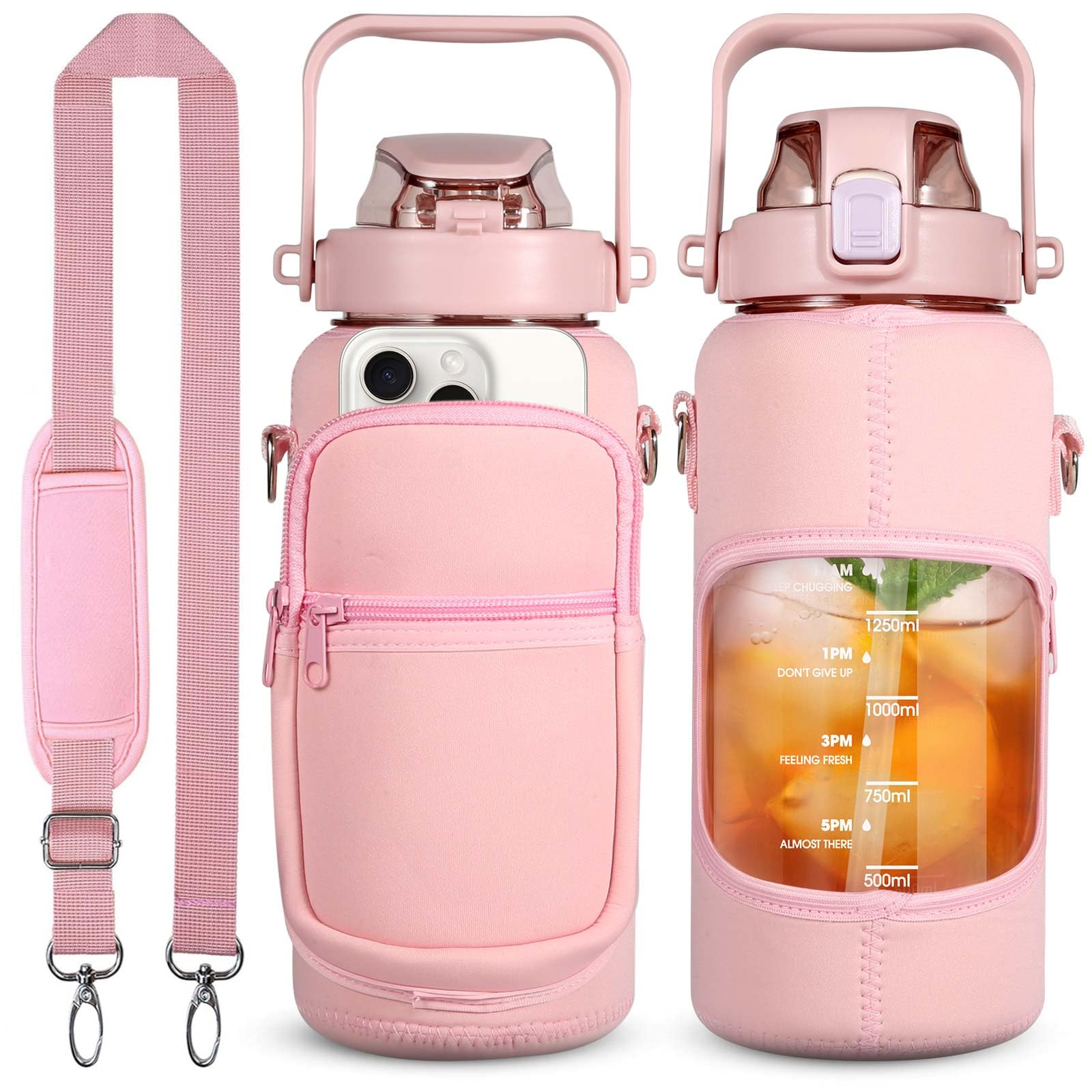 Dolenor 2 Litre Water Bottle with Straw & Sleeve, 64oz Leak-Proof BPA Free Sports Bottle with Time Marker & Strap