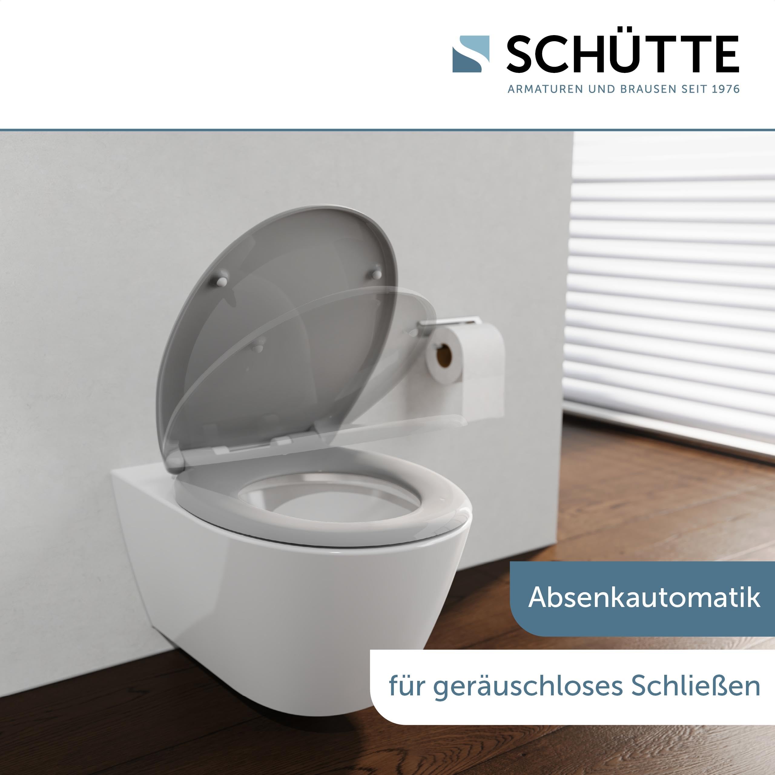 SCHÜTTE Oval WC-Sitz mit Absenkautomatik, Abnehmbarer Klodeckel aus bruchsicherem Duroplast, DIY Montage mit Klebepads und Schablone, Toilettendeckel und Brille bis 200 kg belastbar, Grau