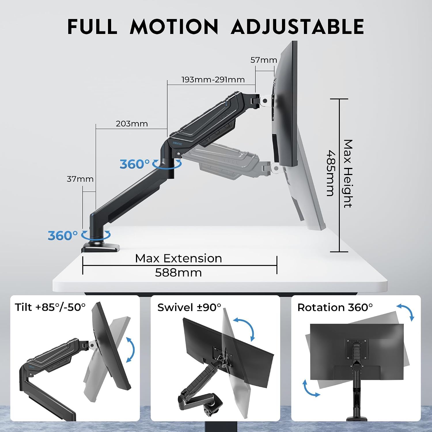 Diagram showing full motion adjustable features including tilt, swivel, rotation, and dimensions