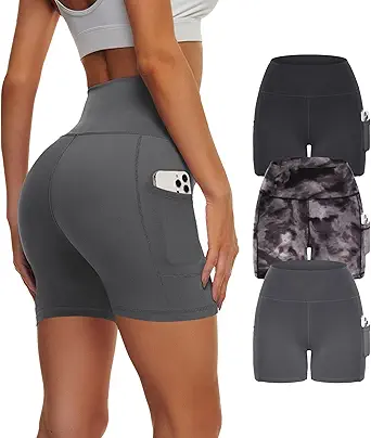 3 Pack Biker Yoga Shorts with Pockets for Women, High Waist Tummy Control Workout Running Gym